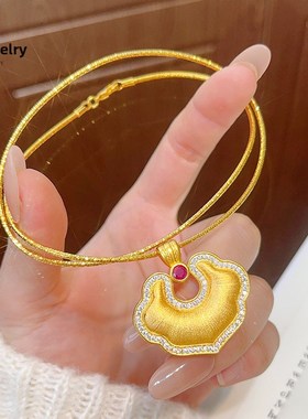 新中式古法沙金玫红钻吉祥如意福锁吊坠拉丝O双面祥云锁挂坠送女