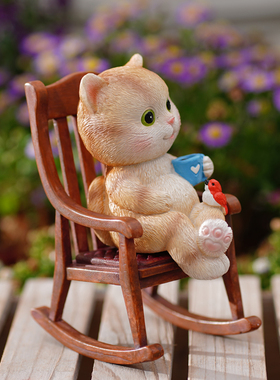卡通可爱小猫咖啡厅办p公室桌面摇椅摆件花园庭院动物摆设布景礼