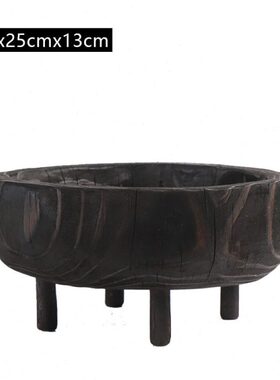 现代中式摆件客厅茶几碳化实木圆形拖盘摆场展厅家居软装饰品摆设