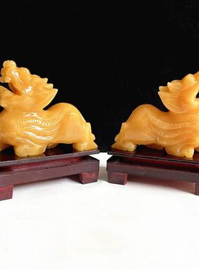 黄玉貔貅摆件一对天然玉石聚宝盆套装客厅酒柜办公室装饰品新中式