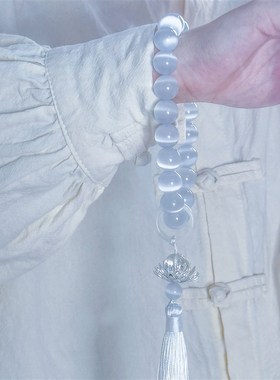 白猫眼石莲花手持手串绕指柔古风流苏配饰手链女款文玩盘玩手把件