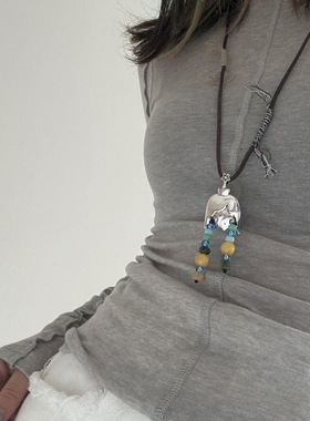 羞涩少女复古民族风撞色串珠抽拉绳项链女设计感秋冬季毛衣链配饰