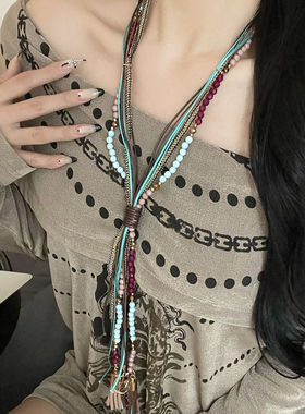 新中式国风蓝色陶瓷串珠项链女民族风编织吊坠长款毛衣链高级颈链