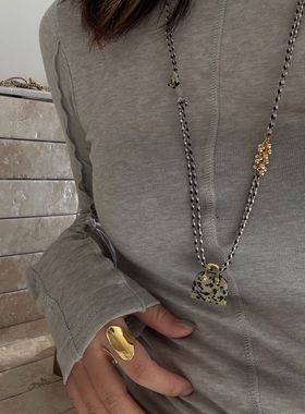 简约百搭双层虎眼石项链小众高级手工天然石可调节百搭长款毛衣链