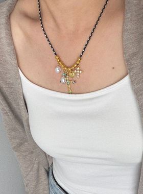 美式彩色滴油爱心蝴蝶吊坠编绳项链女y2k珍珠油画风设计锁骨链潮