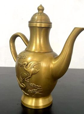 铜器仙鹤壶摆件黄铜做旧铜水壶铜酒壶居家装饰工艺品摆设不漏水