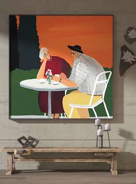 现代轻奢客厅玄关装饰画温馨卧室老人插画艺术背景墙壁方型挂画