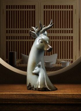 久造陶瓷母子鹿创意摆件中式家居客厅电视柜招财梅花鹿工艺品装饰