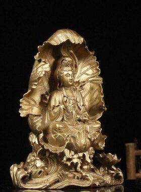 仿古纯铜荷叶坐莲观音菩萨大师佛像铜像神像家居佛堂办公室供奉