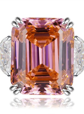 珠宝直播款长方15克拉女戒款戒圈落日橙粉色P阿斯切戒指s925银