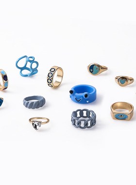 跨境热销滴油戒指时尚爱心滴油青蛙嘴唇气质开N口链条组合12件指