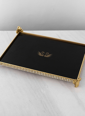 轻奢玻璃盘摆件现代家用s客厅茶几餐桌玄关黄铜托盘新年饰品收纳