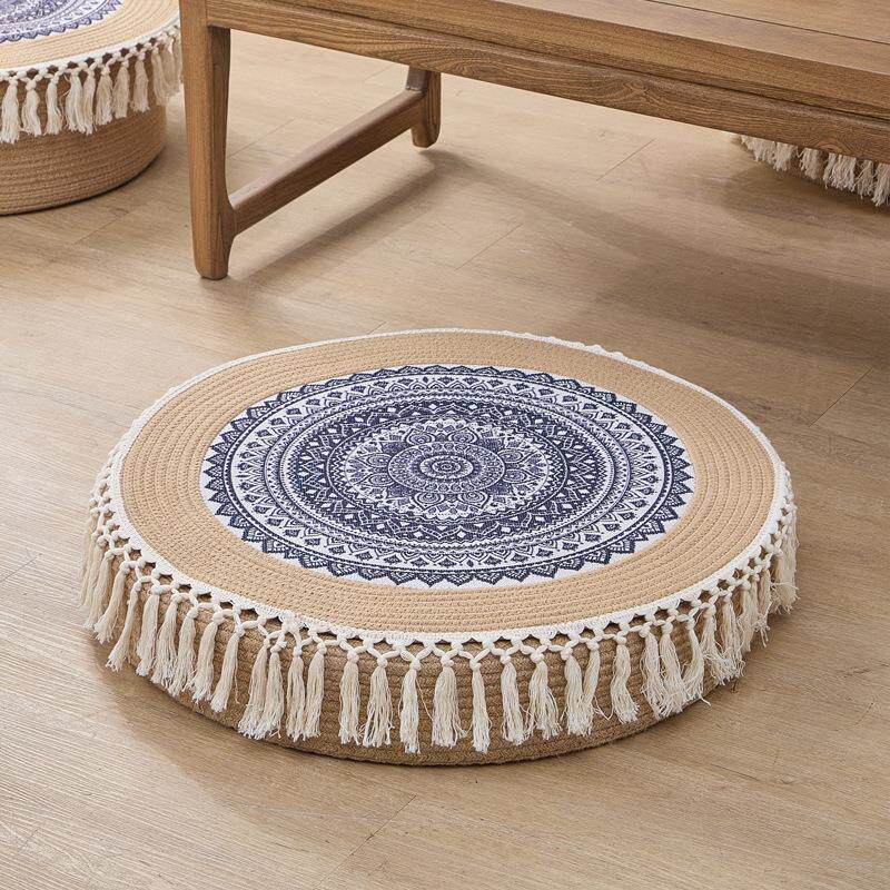 New ethnic style cotton thread tassel futon cushion round hand-woven meditation cushion Zen cushion bay window cushion c^