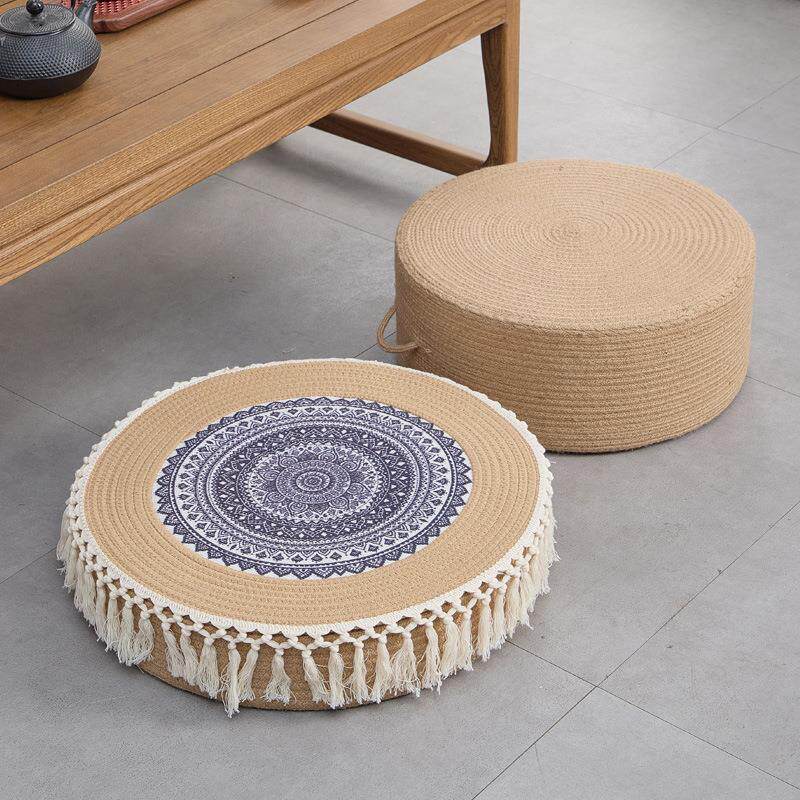 New ethnic style cotton thread tassel futon cushion round hand-woven meditation cushion Zen cushion bay window cushion c^