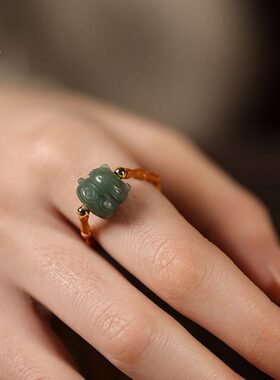 禅木匠【猫猫戒指】森系橄榄核竹节菩提雕财猫九尾狐节节高升戒指