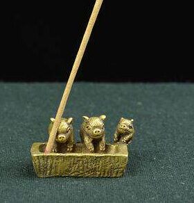 仿古铜摆件三只小猪家肥屋润纯铜香插小摆件