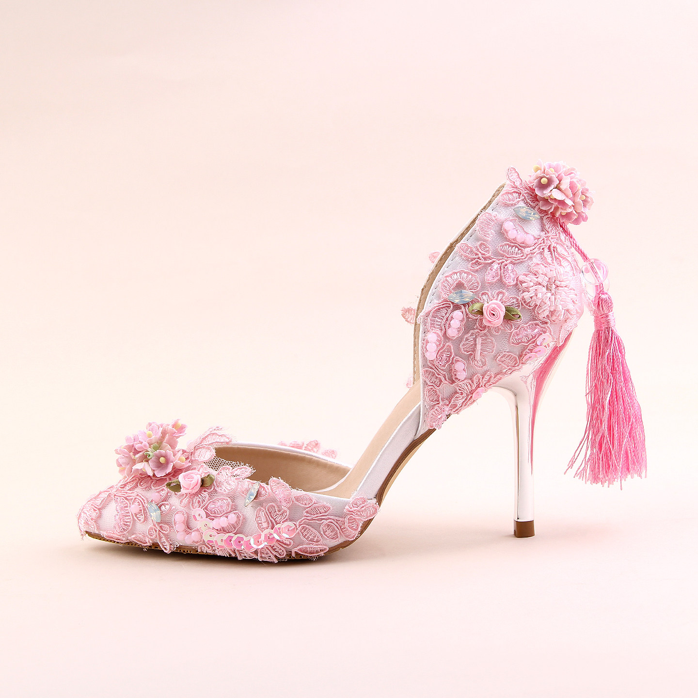 原创甜美洛丽塔粉色珠蕾丝亮片花朵流苏尖头中空细高跟女鞋新娘婚,淘宝优惠券,粉丝福利购,淘宝优惠卷
