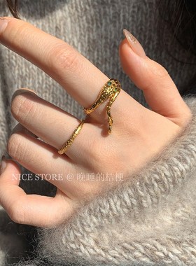 晚睡的桔b梗巳巳如意沙金戒指生肖蛇年本命年叠戴食指戒套组