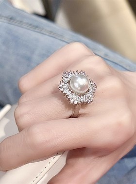 简约精致珍珠花朵j戒指女开口粉色锆石优雅气质百搭甜美礼物款