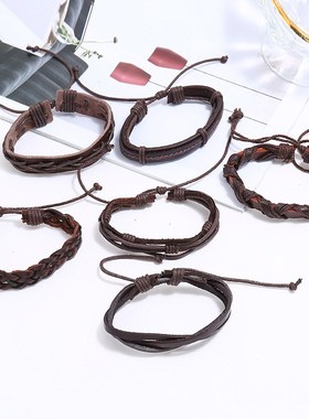 欧美新款复古f编织牛皮手链diy组合六件套跨境爆款配饰一件代发