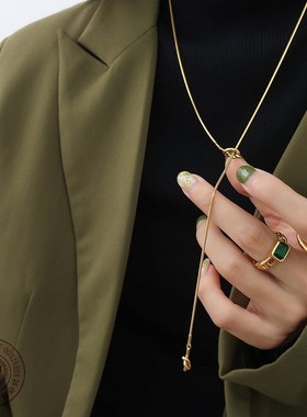 韩式冬季几何设计心形打结流苏可调节毛衣链小众L镀18K金项饰 M04