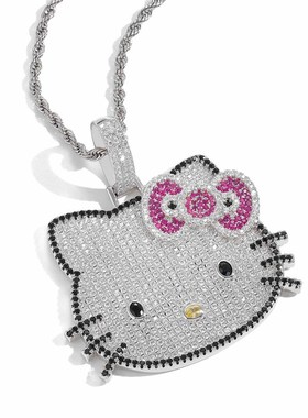 新款猫咪a吊坠小动物可爱男女粉锆石实心个性嘻哈项链一件代发