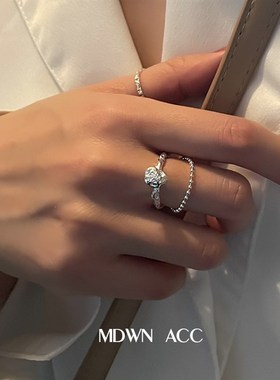 时尚S925银肌理戒指女复古时尚链条F几何不规则开口指环嘻哈食指