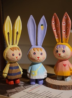 长耳朵兔子手工木雕小摆件公仔可爱木头雕刻治愈系卡通书桌装饰品