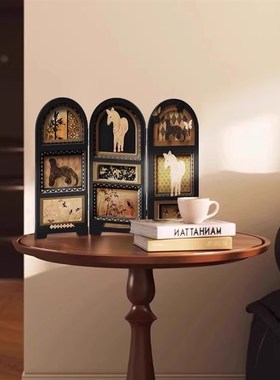 新款中古风桌面屏风n摆件复古客厅电视柜装饰画玄关边柜法式小摆