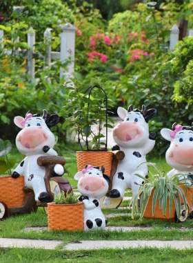 花园庭院小院装饰k摆件户外动物花盆卡通奶牛花缸幼儿园林景观布