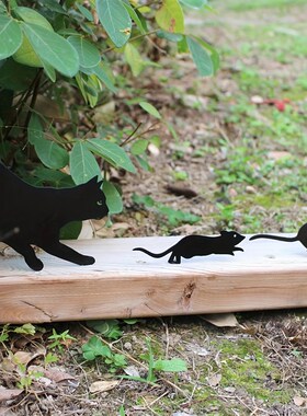 创意黑猫追老鼠金属花p园木桩3件套铁艺黑猫雕塑户外庭院栅栏装饰