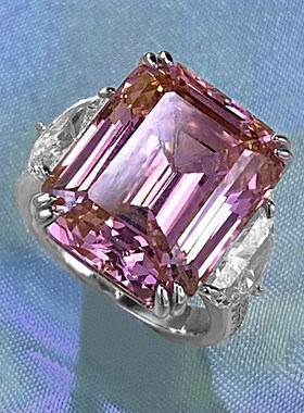 珠宝 直播款长方p15克拉戒指戒圈落日橙粉色阿斯切戒指925银