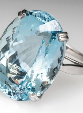 欧美时尚热卖订婚p求婚鹅蛋钻戒指 镶嵌海蓝色托帕石指环手饰