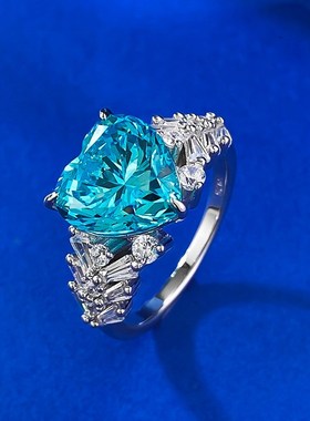 珠宝2024新款欧美热卖v高碳钻戒指10*10冰花切海蓝钻订婚戒女