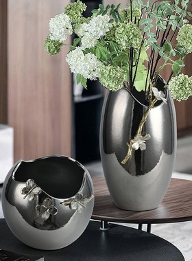 金属银色双层果盘蛋形花器装饰品样板房客厅N茶几餐桌托盘花瓶摆
