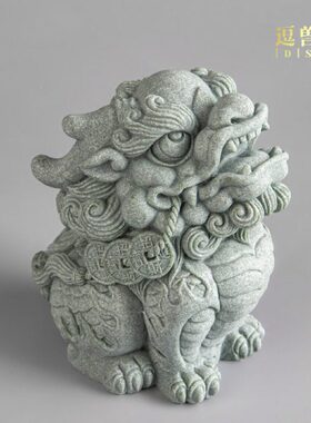 逗兽记 新中式青砂石六财麒麟房间桌面摆件茶宠可养鱼缸造景摆设