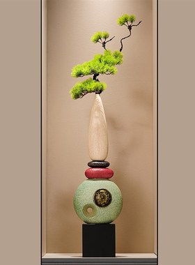 新中式石来运转花瓶摆件玄关电视柜壁龛迎客N松客厅办公室乔迁礼