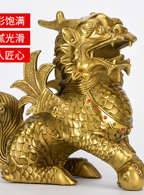 黄铜麒麟摆件一对纯铜大号家居客厅店铺装饰品酒T柜办公室工艺礼
