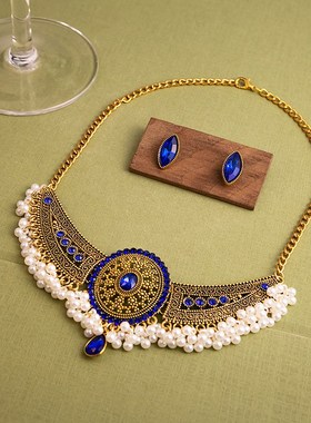 复古金属欧c美项链耳环套装 新款波西米亚民族风圆形镶钻珍珠耳钉