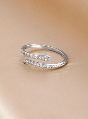 S925银日m韩精致简约蛇形戒指个性创意小蛇满钻开口可调指环