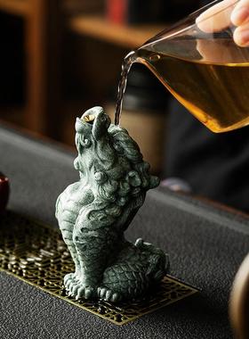 国潮青砂石麒麟香插茶室茶台客厅摆件瑞兽中式器物可养茶玩茶宠