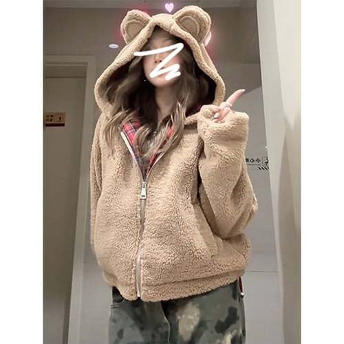 今年流行爆款摇粒绒羊羔毛绒女士4短款秋冬CAW47027季连帽厚套2外 - 图0