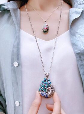 民族风彩色凤凰925银复古女纯银吊坠毛衣链挂件长款文艺项链饰品