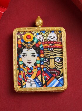 唐卡吊坠扎基拉j姆五爷绿度母藏式唐卡方形金色吊坠多种图案可选