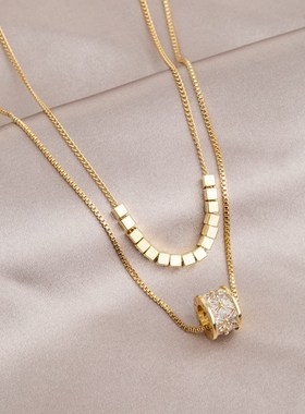 奢华超闪方块双层叠戴项链女轻奢C微镶锆石小蛮腰锁骨链优雅气质