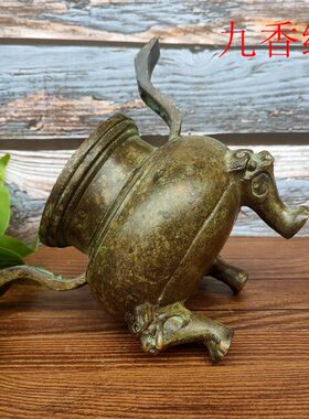 纯铜老包浆香炉官帽耳铜制三足长颈圆缸仿古大明宣德底款熏香摆件