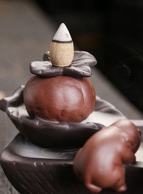 倒流香炉创意摆件紫砂石磨三只小猪陶瓷工艺品V家居饰品工艺