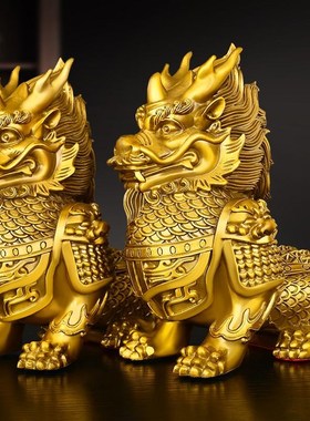 黄铜麒麟摆件瑞兽直头麒s麟将军铠甲麒麟家居玄关店铺桌面装饰用