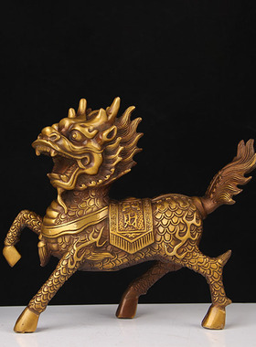 铜麒麟摆件一对纯黄铜办公室客厅家居饰品装饰火麒麟摆件