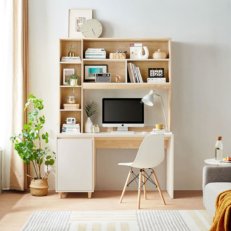 林氏木业现代简约书架书桌一体组合电脑桌家用学习桌写字桌椅JV1V,淘宝优惠券,粉丝福利购,淘宝优惠卷